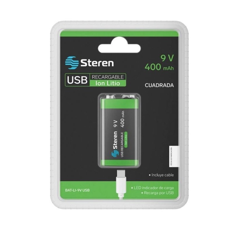 BATERÍA RECARGABLE USB LI-ION TIPO 9V (CUADRADA), DE 3600MWH