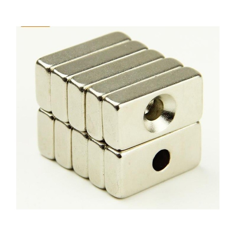 Imán de neodimio 20x10x3 mm con barreno de 4 mm