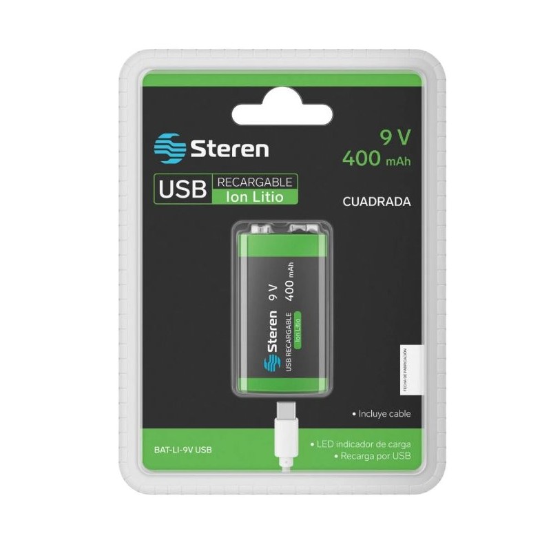 Batería recargable USB Li-Ion tipo 9V (cuadrada), de 3600mWh